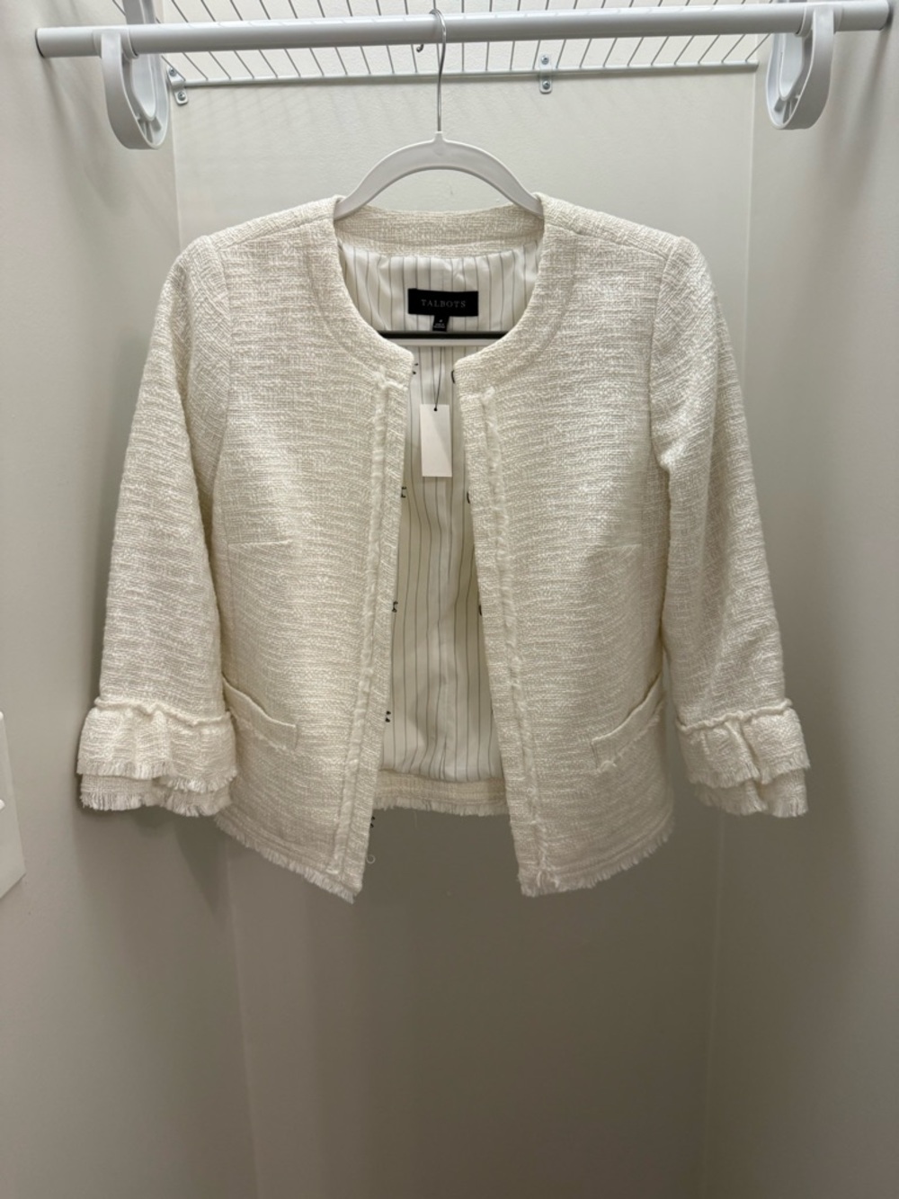 Talbots Ivory Tweed Ruffle-Cuff Open Jacket